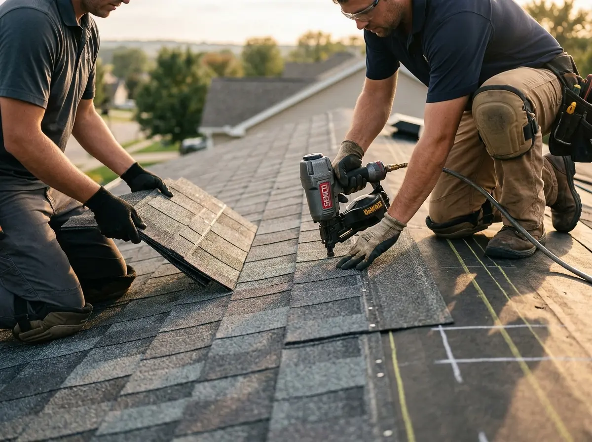Professional roofer working on a residential roof in Vinita